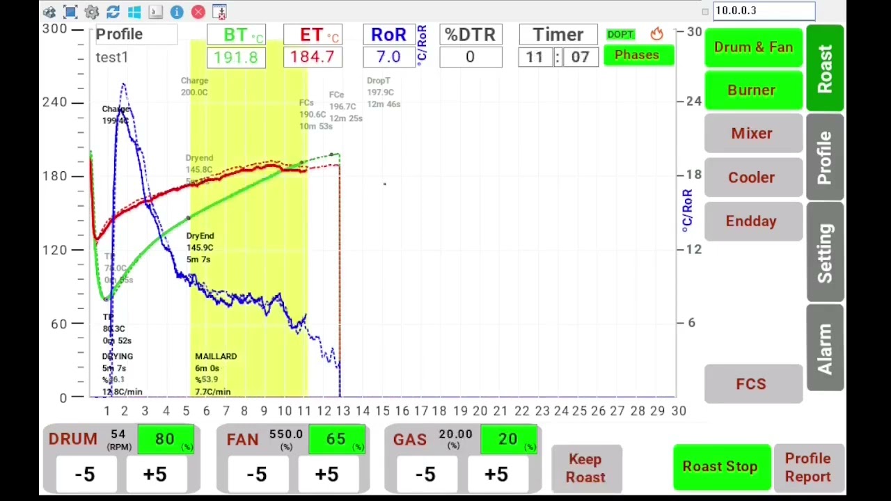 RoasterSoft Advanced HMI ekranında kaydedilmiş profilin birebir tekrar oynatılması: BT/ET/RoR eğrileri, faz bantları ve DOPT